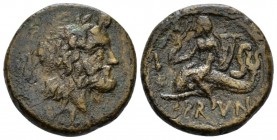 Apulia, Brundisium Semis II century BC, Æ 20mm., 7.29g. Laureate head of Neptune r., crowned by a flying Victory r. on trident. Rev. Oecist riding dol...