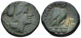 Apulia, Teate Teruncius circa 225-200, Æ 20mm., 9.23g. Head of Athena r., wearing Corinthian helmet. Rev. Owl standing r. below three pellets. Histori...