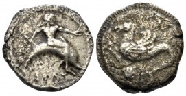 Calabria, Tarentum Nomos plated circa 500-480, AR 20mm., 7.23g. Dolphin rider r., holding octopus and outstretched l. hand. Rev. Hippocamp l., scallop...