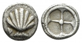 Calabria, Tarentum Litra circa 480-470 BC, AR 8mm., 0.70g. Shell. Rev. Four-spoked wheel. Vlasto 1106. Historia Numorum Italy 835.

Scarce, lightly ...