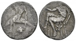 Calabria, Tarentum Nomos circa 445-440, AR 22mm., 7.39g. Dolphin rider l., with outstretched r. hand; below, shell. Rev. Oecist seated l., holding str...