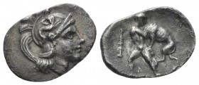 Calabria, Tarentum Diobol circa 380-325, AR 14.5mm., 0.90g. Head of Athena r., wearing Attic helmet decorated with hippocamp. Rev. Hercules strangling...