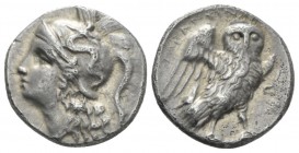 Calabria, Tarentum Drachm circa 280-272, AR 15.5mm., 3.10g. Head of Athena l., wearing Attic helmet, decorated with Scylla. Rev. Owl standing r., with...