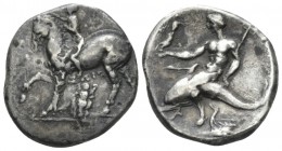 Calabria, Tarentum Nomos plated (?) circa 281-272, AR 21mm., 5.43g. Nude youth on horseback l., crowning horse; |-I above, ΙΩΠΥΙ and a squatting satyr...