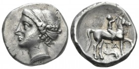 Calabria, Tarentum Nomos circa 281-228, AR 19.6mm., 7.32g. Diademed head of nymph l. Rev. Nude youth on horseback r., crowning horse; in r. field, ΦI ...