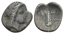 Lucania, Metapontum Diobol circa 325-275, AR 11mm., 1.02g. Head of Demeter r. Rev. Ear of barley with plough on leaf to r. Johnston-Noe F2. Historia N...