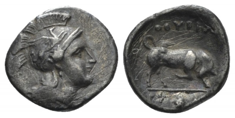 Lucania, Thurium Triobol circa 350-300, AR 11mm., 0.87g. Head of Athena r., wear...