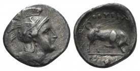 Lucania, Thurium Triobol circa 350-300, AR 11mm., 0.87g. Head of Athena r., wearing crested Attic helmet decorated with griffin. Rev. Bull butting r.;...