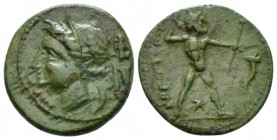 Bruttium, Brettii Half Unit circa 214-211, Æ 18mm., 3.44g. Head of Nike l., wearing hair-band. Rev. Zeus standing facing, hurling thunderbolt; in r. f...