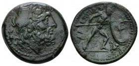 Bruttium, Brettii Unit circa 211-208, Æ 22mm., 7.19g. Laureate head of Zeus r.; behind, thunderbolt. Rev. Warrior advancing r., holding shield and spe...