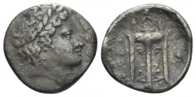 Bruttium, Croton Tetrobol circa 360-330, AR 15mm., 1.80g. Laureate head of Apollo r. Rev. Tripod, legs terminating in lion's paws; in r. field, barley...