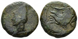 Bruttium, Scylletium Bronze circa 350-325, Æ 20.5mm., 6.20g. Male head l, wearing pileus. Rev. Scylla standing l., holding club. Calciati 1. SNG ANS 8...