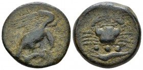Sicily, Agrigentum Tetras circa 425-406, Æ 20mm., 8.01g. Eagle flying r., holding hare with claws Rev. Crab; below, three pellets and cryfish l. Calci...