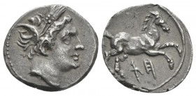 Sicily, Agrigentum 1/4 Shekel circa 213-211, AR 15mm., 1.58g. Wreathed head of Triptolemos r. Rev. Horse galloping r., below, Punic HT. Burnet, Enna 1...