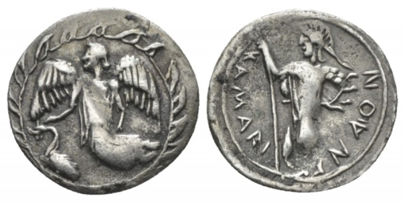 Sicily, Camarina Litra circa 461-435, AR 12.4mm., 0.60g. Nike flying l. before; ...