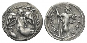 Sicily, Camarina Litra circa 461-435, AR 12.4mm., 0.60g. Nike flying l. before; swan; the whole within wreath. Rev. Athena standing l., holding spear;...