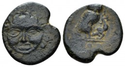 Sicily, Camarina Tetras circa 420-410, Æ 16mm., 2.39g. Gorgoneion. Rev. Owl standing r., holding lizard; in exergue, three pellets. SNG Copenhagen 122...