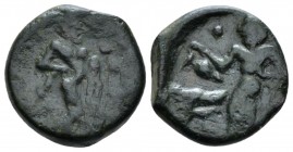 Sicily, Halykiai Tetras circa 400, Æ 25mm., 2.991g. Nymph standing l., holding oinochoe; in l. field, hound’s head. Rev. Heracles standing r., holding...