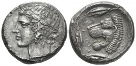 Sicily, Leontini Tetradrachm circa 430-425, AR 24mm., 17.45g. Laureate head of Apollo l. Rev. Head of lion l., with open mouth; around three grains an...