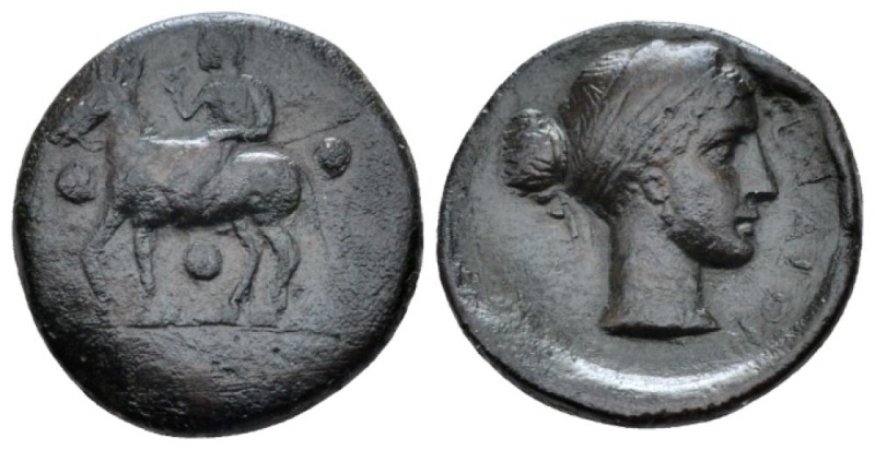 Sicily, Nakona Tetras or Trionkion circa 420-400, Æ 17mm., 3.15g. Silenuss, hold...