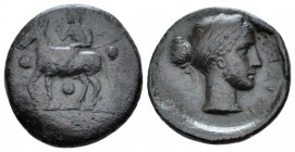 Sicily, Nakona Tetras or Trionkion circa 420-400, Æ 17mm., 3.15g. Silenuss, holding thyrsus and cantharus, seated on donkey l.; three pellets around. ...