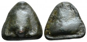 Sicily, Selinus Cast onkia circa 450-440, Æ 16mm., 4.07g. Cantharus; above, pellet. Rev. Selinon leaf. Price, Selinus, Group IIIC. Calciati 10.

Ver...