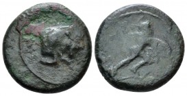 Sicily, Sileraioi Bronze circa 354/3-344, Æ 20mm., 5.35g. Forepart of man-headed bull r. Rev. Warrior advancing r., holding shield and spear. Campana ...
