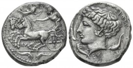 Sicily, Syracuse Tetradrachm signed by Eumenos circa 415-405, AR 25mm., 16.84g. Fast quadriga driven l. by charioteer, holding kentron and reins; belo...