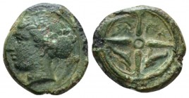 Sicily, Syracuse Hemilitron circa 415-405, Æ 15mm., 3.56g. Head of Arethusa l., wearing double loop earring and necklace, hair bound in ampyx and sphe...
