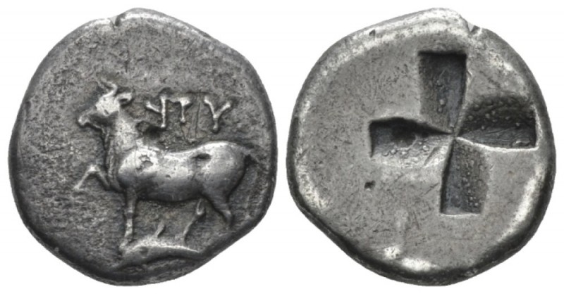 Thrace, Byzantion Drachm circa 340-320, AR 17.2mm., 5.00g. Cow advancing l. on d...