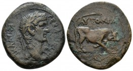 Egypt, Alexandria Claudius, 41-54 Diobol circa 41-42 (year 2), Æ 25.4mm., 11.14g. Laureate head r.; in front, star Rev. AVTOKPA Bull butting r.; in ex...