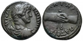 Egypt, Alexandria. German. Hadrian, 117-138 Tetradrachm circa 127-128 (year 12), billon 24.3mm., 13.26g. Laureate, draped and cuirassed bust r. Rev. Π...