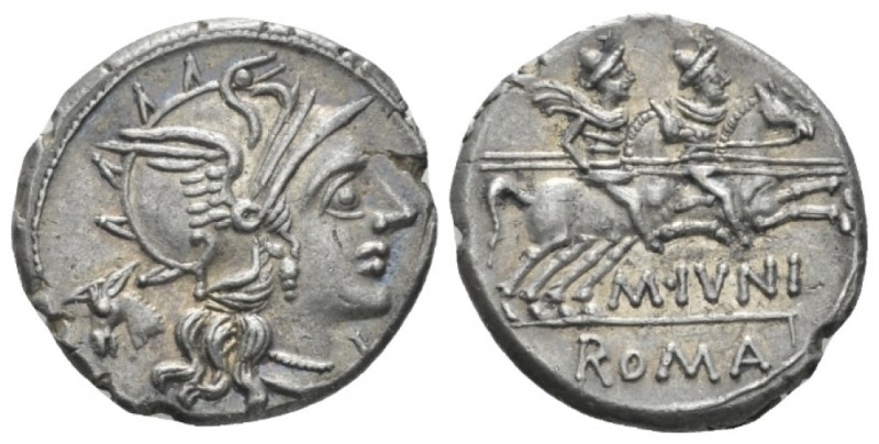 M. Iunius. Denarius circa 145, AR 19mm., 3.88g. Helmeted head of Roma r.; behind...