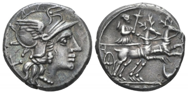 Denarius circa 143, AR 17.4mm., 3.69g. Helmeted head of Roma r.; behind, X. Rev....