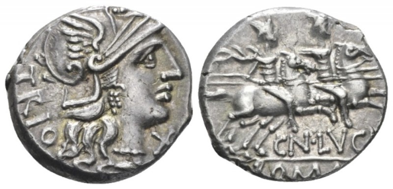 Cn. Lucretius Trio. Denarius circa 136, AR 17.2mm., 3.96g. Helmeted head of Roma...