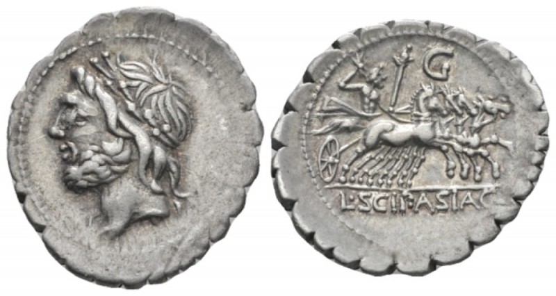 L. Cornelius Scipio Asiaticus. Denarius serratus circa 106, AR 20mm., 3.82g. Lau...