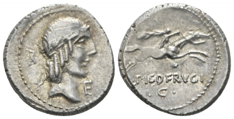 L. Piso Frugi. Denarius circa 90, AR 18.5mm., 4.00g. Laureate head of Apollo r.;...