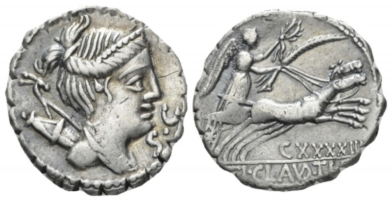 T. Claudius Nero. Denarius serratus circa 79, AR 18mm., 3.92g. Draped bust of Di...