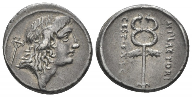 M. Plaetorius M. f. Cestianus Denarius circa 69, AR 17.6mm., 3.94g. Male head r....