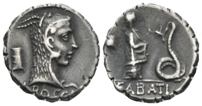 L. Roscius Fabatus. Denarius serratus circa 64, AR 17.5mm., 3.94g. Head of Juno ...