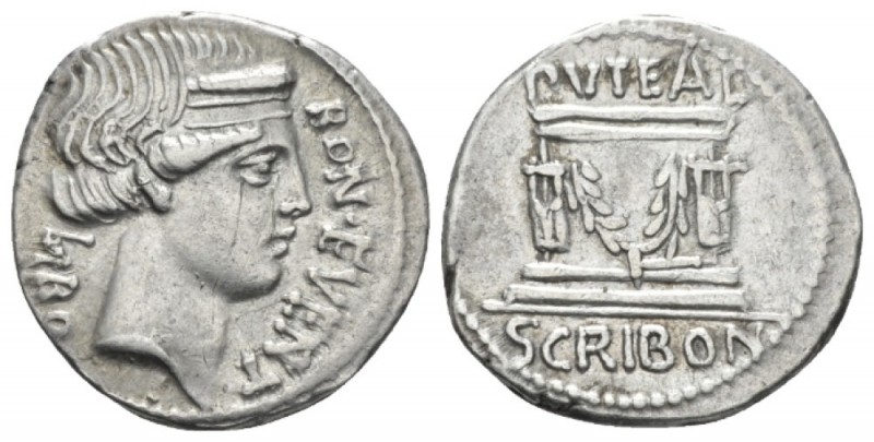 L. Scribonius Libo. Denarius circa 62, AR 18.5mm., 3.83g. BON EVENT – LIBO Diade...