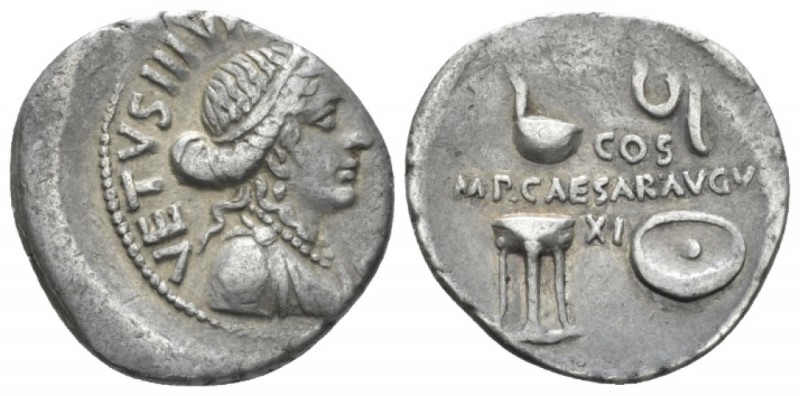 Octavian as Augustus, 27 BC – 14 AD Denarius Circa 16 BC. C. Antistius Vetus., A...