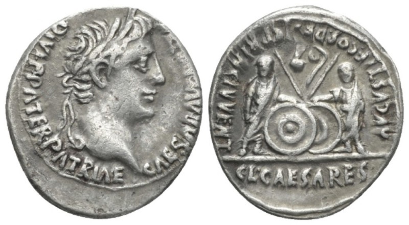 Octavian as Augustus, 27 BC – 14 AD Denarius Lugdunum circa 2 BC - 4 AD, AR 18.5...