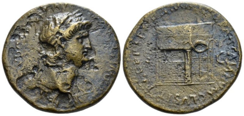 Nero, 54-68 Sestertius circa 65, Æ 34mm., 24.82g. Laureate bust r., wearing aegi...