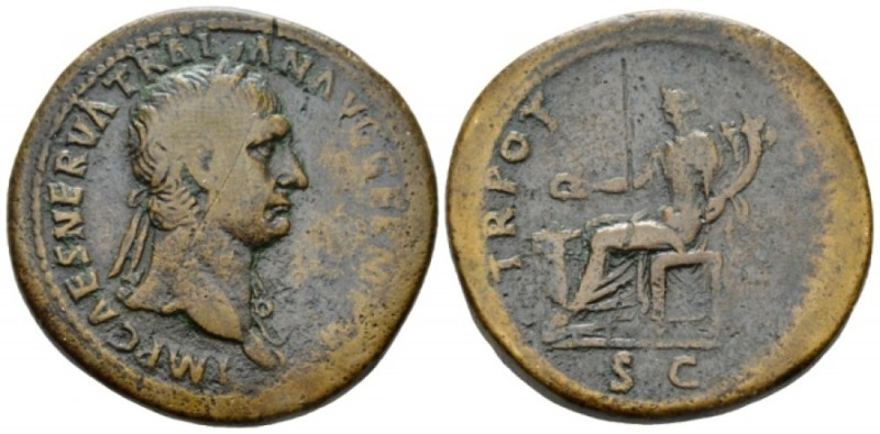 Trajan, 98-117 Sestertius circa 98-99, Æ 34mm., 28.30g. Laureate head r. Rev. Pa...