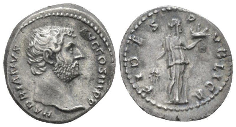 Hadrian, 117-138 Denarius circa 136, AR 17.2mm., 3.65g. Bare head r. Rev. Fides ...