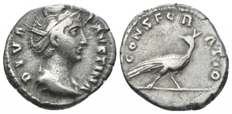 Diva Faustina. Denarius after 141, AR 18mm., 3.00g. Draped bust r. Rev. Peacock ...