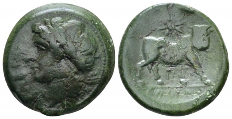 Campania, Cales Bronze circa 265-240, Æ 22mm., 7.44g. Laureate head of Apollo l....