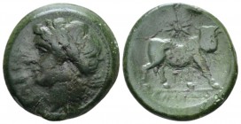 Campania, Cales Bronze circa 265-240, Æ 22mm., 7.44g. Laureate head of Apollo l. Rev. Man-faced bull advancing r.; above, star. SNG ANS 183. Historia ...