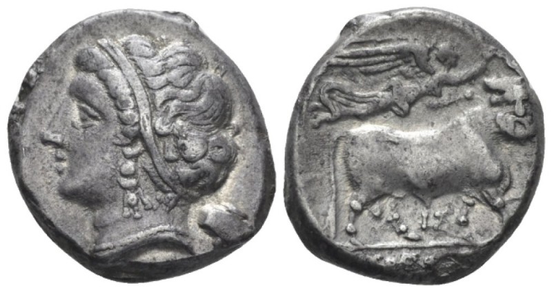 Campania, Neapolis Nomos circa 275-250, AR 18mm., 7.12g. Diademed head of nymph ...